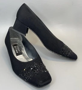 Vtg Stuart Weitzman SILK Embellished Pumps Size 6.5 Black Square Toe Heels Bling - Picture 1 of 13