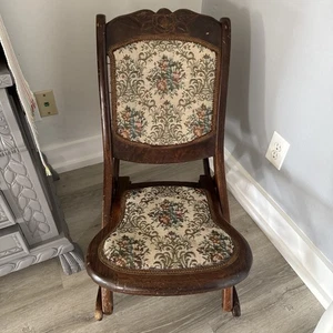 Vintage Antique Tapestry Carved Wood Folding Rocker Rocking Chair Victorian 1930 - Picture 1 of 15
