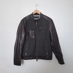 DSQUARED2 Vtg Brown Leather Wool Mens Short Zip Up Biker Jacket Size 52 UK XL - Picture 1 of 9