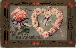 Postcard To My Valentine Flower Heart Horshoe 4 Leaf Clover Gold Border Embossed - Picture 1 of 2