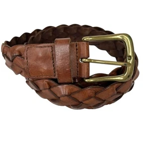 Vintage 90s Brown Braided Leather Belt Solid Brass Buckle Preppy Chino Mens M - Bild 1 von 8