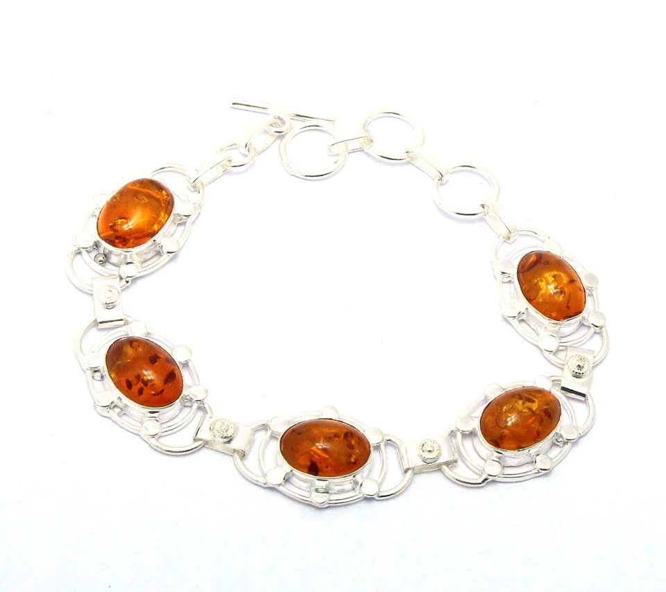 Baltic Amber Gemstone Handmade 925 Sterling Silver Jewelry Bracelet Size 7-8" - Image 1 of 1
