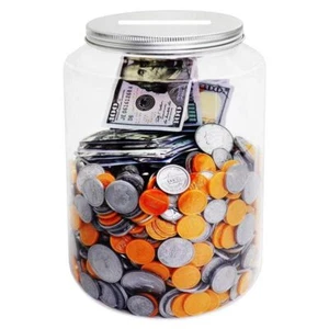 Large Clear Coin Bank Jar 1 Gallon Plastic Tip Change Savings Money Box - Picture 1 of 6