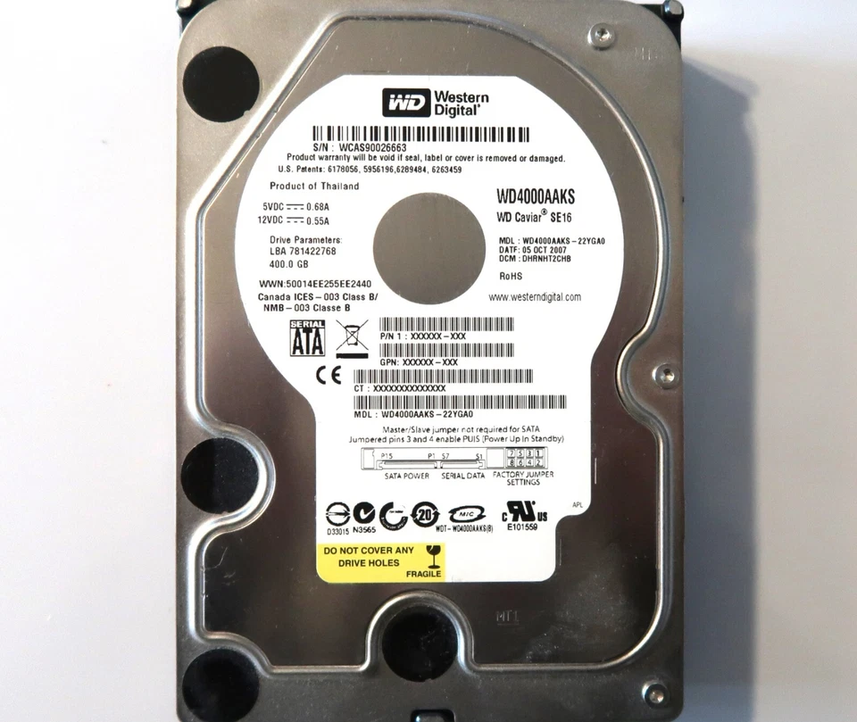 WD WD4000AAKS-22YGA0 DHRNHT2CHB (WCAS) Thailand 400gb 3.5" Sata HDD 0CT-2007 - Image 1 of 2