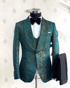 Weaving Gold Jacquard Suits for Men Slim Fit 3 Piece Wedding Groom Business Wear - Picture 1 of 19