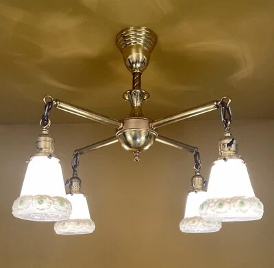 Vintage Lighting circa 1905 4 shade brass pendant. Green flowers! - Image 1 of 4
