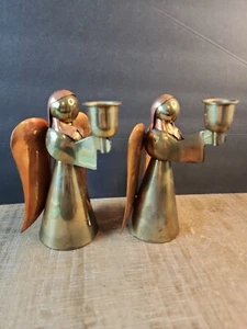 Vintage Paar geflügelte Engel Kerzenhalter Messing Kunst Weihnachten ~ 6" Hongkong - Bild 1 von 18