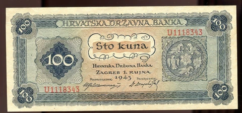 Croatia 1943 100 Kuna Rare WWII Note | Uncirculated | Pick 11 | Free Shipping Cover