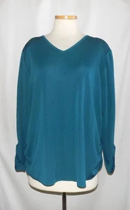 Top túnica Misook mujer verde azulado acrílico tejido con detalle fruncido cuello en V manga larga 3X - Imagen 1 de 6