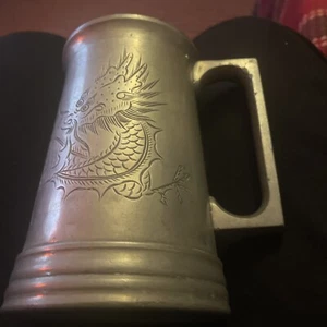 Vintage Dragon Engraved Chinese Pewter Tankard with Glass Bottom 14cm cm High - Picture 1 of 5