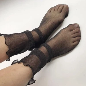 Women Mesh Fishnet Lace Ruffle Socks Sheer Silky Glitter Short Ankle Stockings - Picture 1 of 12