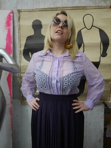 Long Sleeve Blouse Dederon M50 Lilac 60s GDR TRUE VINTAGE Nylon Shirt - Picture 1 of 11