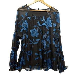 Alfani Floral Burnout Chiffon Sheer Top M Blue Boho Peasant Romantic Cottage - Picture 1 of 8