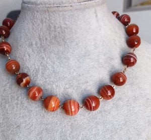 Vintage Chunky Banded Agate Deep Orange Gemstone Beaded Necklace Jewellery - Picture 1 of 10