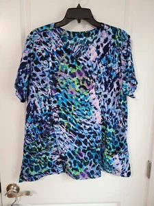 JOCKEY V Neck Blue Purple Print Patterened Women's Scrub Top Large - Picture 1 of 7