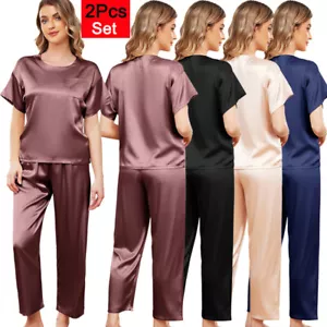 Damen Seide Satin Pyjama Set Nachtwäsche Kurzarm Shirts Lange Hosen Nachtwäsche - Bild 1 von 28