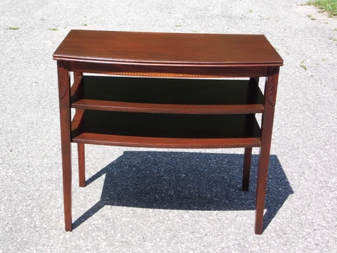 Vintage Federal Style Bowfront Mersman Mahogany Shelf Table 1940's Cover