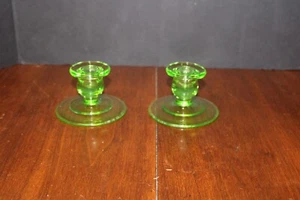VINTAGE PAIR OF VASELINE GLASS CANDLESTICK HOLDERS - Picture 1 of 3