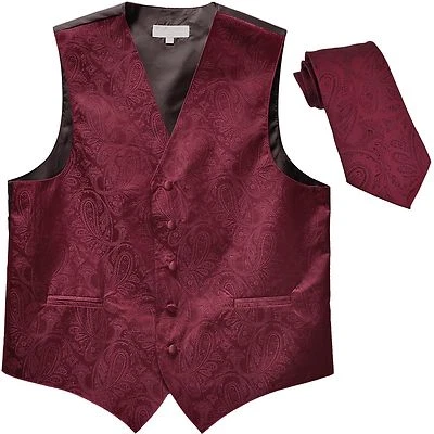 New Men's Formal Vest Tuxedo Waistcoat_necktie paisley pattern prom Burgundy - Image 1 of 3