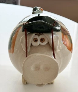 Hand Thrown Stone Pottery Pig Piggy Bank w/ Cowboy Hat 7.5" T x 8.5” L x 6" W - Picture 1 of 9