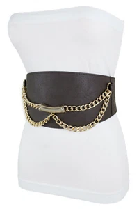 Women Waves Gold Metal Chains Wide Brown Cinch Fashion Bulky Belt Hip Waist S M - Picture 1 of 12
