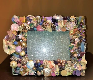 Handmade Rhinestone Vintage Jewelry Decorated Art Picture Frame 5x7 Photo - Picture 1 of 8