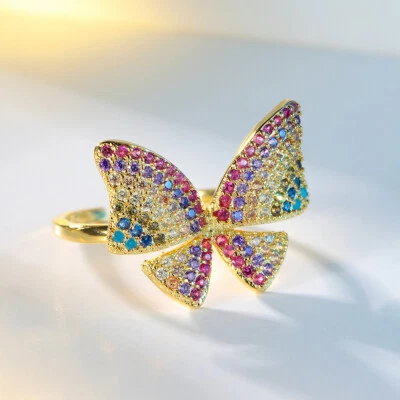 Nuevo Diseño Mariposa Mezcla Color Redondo Piedras Preciosas Oro Dije Mujeres Anillos Ajustables Foto 1 de 4