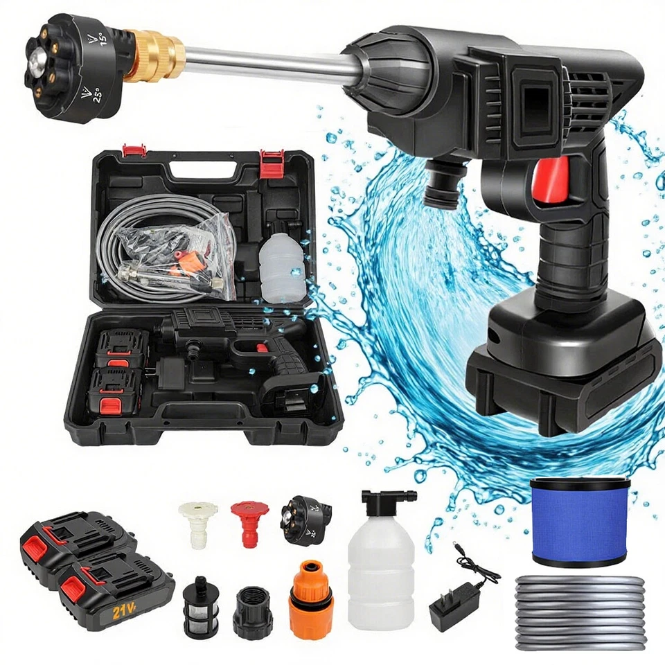 EUMATY Akku Hochdruckreiniger + 2 Akkus Auto Mobiler Druckreiniger Spritzpistole DHL