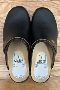 Simson Black Leather Wooden Clogs Made In Holland Size 37 US 6.5 - Picture 1 of 7