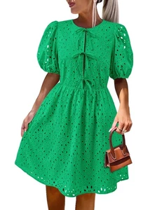 Eyelet Summer Dresses for Women 2025 Short Sleeve Tie Front Babydoll A Line W... - Picture 1 of 8