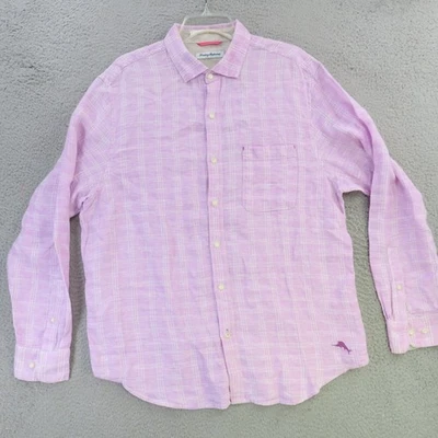 Tommy Bahama 衬衫男式大号粉色格子亚麻纽扣长袖 — 第 1/4 张图片