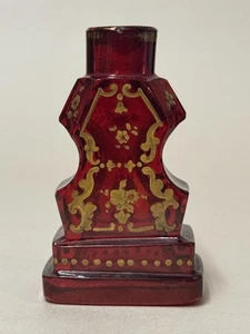 Antique Ruby Red Bohemian Glass Miniature Perfume Bottle Gold Decoration - Picture 1 of 1
