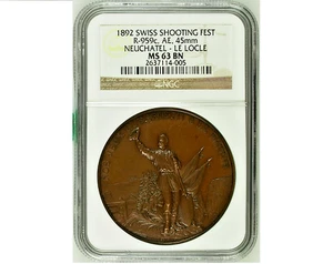 Rare Switzerland 1892 Bronze Shooting Medal Neuchatel Le Locle R-959c NGC MS63 - Picture 1 of 1