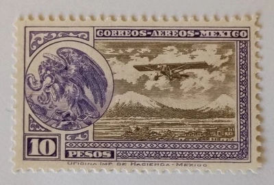 Sello de correo aéreo de México, 1929, sc#C19, como nuevo, NH, OG, VF/XF, 10 pesos Foto 1 de 3