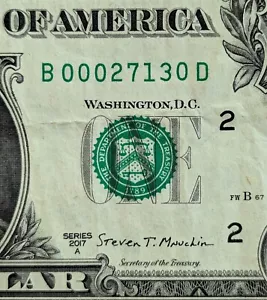 2017 A $1 bill fancy serial number, zip code note 27130 Winston-Salem, NC - Picture 1 of 3