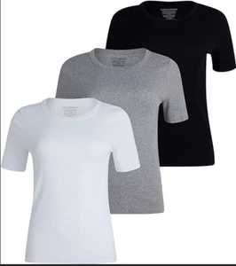 Lucky Brand Womens 3 Pack Large Short Sleeve Crew Shirts - Black White Gray - Picture 1 of 3