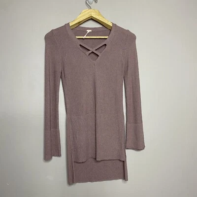 Free People Women CrissCross Sweater V Neck Side Slits Tunic Dress Mauve Pink XS - Image 1 of 4