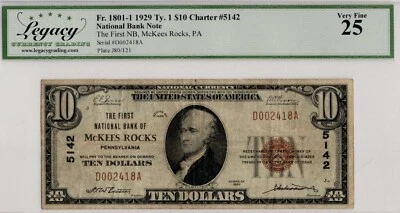 1929 $10 FNB McKees Rocks Pennsylvania Type 1 CH #5142 - VF25 - Image 1 of 2