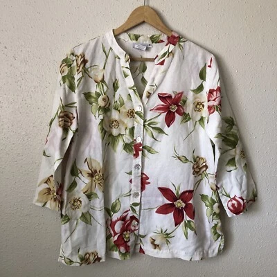 Hot Cotton V Neck Blouse Size M Petite Floral Linen Mother Pearl Flower Buttons - Image 1 of 4