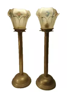 Antique Pair Spring Loaded Candlesticks Lamps Russian With Painting Shades - Picture 1 of 12