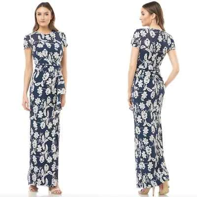 JS Collections Floral Embroidered Ruffle Drape Column Gown In Navy Size 10 New - Image 1 of 4