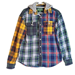 American Eagle Outfitters Shirt Men Small Plaid Flannel Patchwork Button-Up Hood - Picture 1 of 12