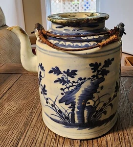 18TH CENTURY CHINESE BLUE & WHITE HANDMADE TEAPOT W/ DRAGON COMING OUT OF GROUND - Picture 1 of 23