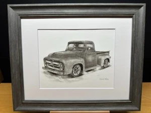 Disegno di un 1956 Ford F-100 Pickup Camion Grafite Matita Arte Schizzo Quadro - Foto 1 di 17