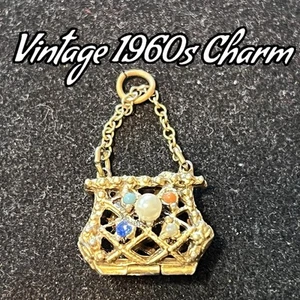 Vintage 1960s Rhinestone Purse Charm w Antiqued Gold Accents for Charm Bracelet - Picture 1 of 9