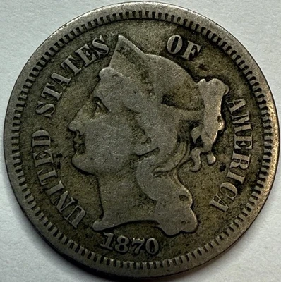 1870 US 3 Cent Nickel 3c Short Lived Type Coin Exact Coin Imaged #3C149 - Image 1 of 2