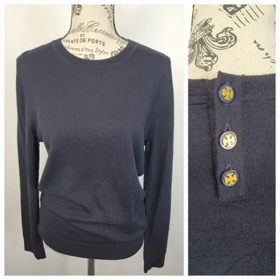 Tory Burch Pullover Sweater Sz Medium 100% Merino Wool Signature Buttons Blue - Image 1 of 4