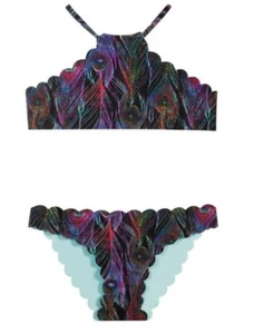 NWT PIlyq 4 Girls Peacock Plume Reversible High Neck Bikini Set 98783 - Picture 1 of 3