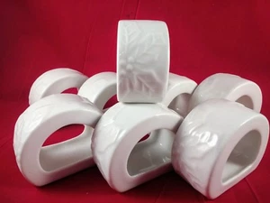 8 White Ceramic Leaves Design D-shapes Napkin Holder Rings - Picture 1 of 12