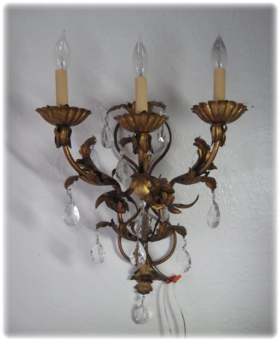 Vintage Italian Tole Electric Wall Large Sconce Gilt/Gold With Prisms & Roses Cover